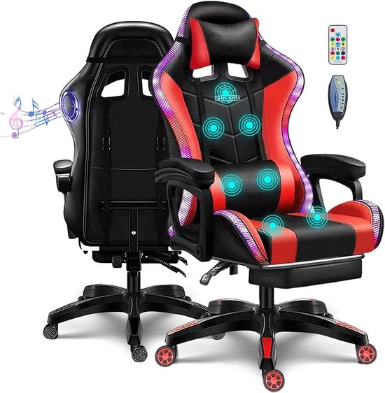 SnelShoppen - Gamingstoel met luidspreker en RGB LED verlichting voor volwassenen, ergonomische racestoel van PU leer, verstelbare lendensteun en kant