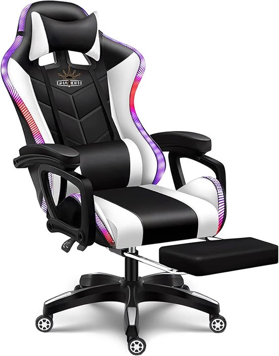 SnelShoppen - Gamingstoel met Luidsprekers en LED-verlichting - Ergonomische PU-leer Recliner met 360° Draaifunctie, Hoofdsteun en Armleuning - Elektr