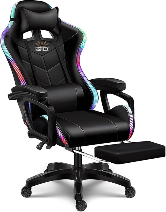 SnelShoppen - Gamingstoel met Luidsprekers en LED-verlichting - Ergonomische PU-leer Recliner met 360° Draaifunctie, Hoofdsteun, Verstelbare Hoogte, A