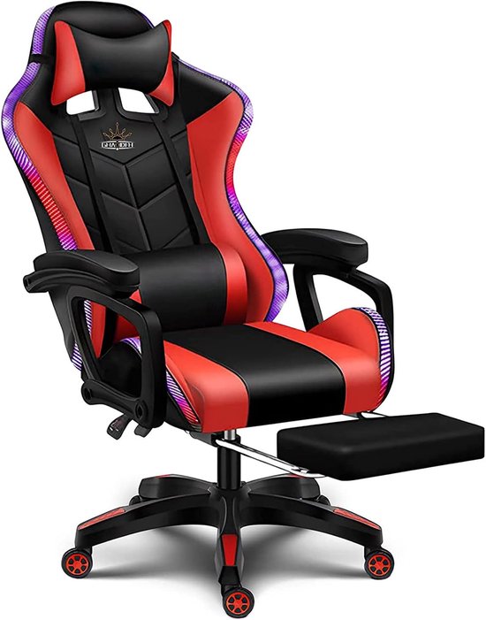 SnelShoppen - Gamingstoel met Luidsprekers en LED-verlichting - PU-leer Ergonomische Recliner 360° Draaifunctie met Hoofdsteun en Armleuning - Elektri