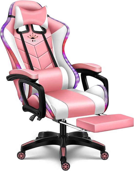 SnelShoppen - Gamingstoel met Luidsprekers, LED-verlichting, PU-leer Recliner, 360° Draaifunctie, Ergonomische Videogamestoel met Hoofdsteun, Armleuni