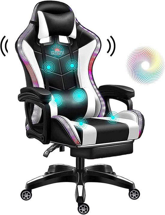 SnelShoppen - Gamingstoel met RGB LED-verlichting, Bluetooth-luidsprekers, Ergonomische PU-leer Recliner, Draaibare E-sportstoel met Massage, Hoofdste