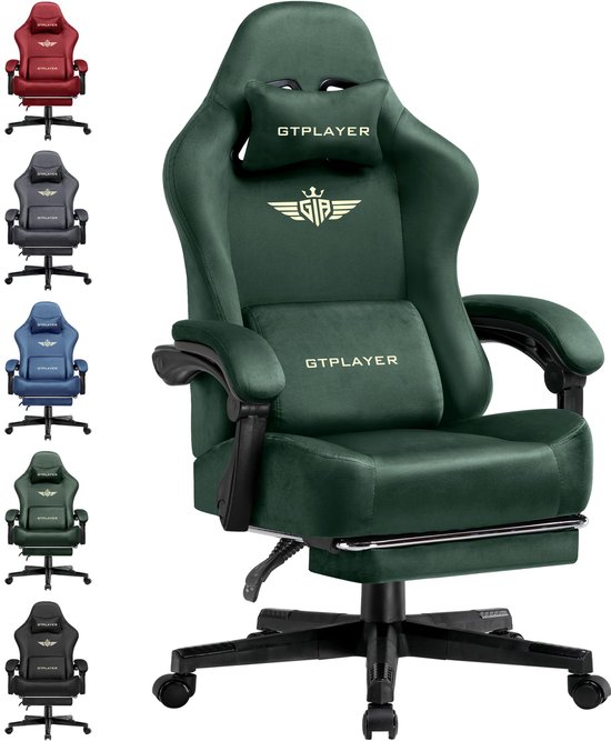 SnelShoppen - GTPLAYER Gamingstoel - Ergonomische Bureaustoel met Uittrekbare Voetensteun - Ademend Stof, 160° Verstelbare Rugleuning, Groene PC-Stoel