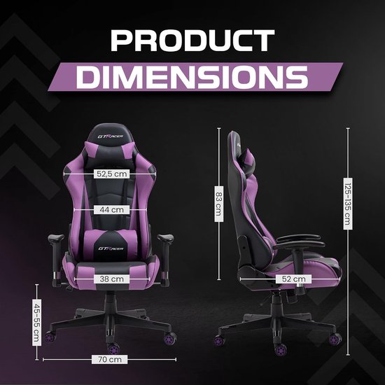 SnelShoppen - GTRACER Pro Gaming Stoel, Ergonomische Bureaustoel, Verstelbare Armleuningen, PU Leer, met Lendenkussen en Hoofdkussen, Zwart / Paars
