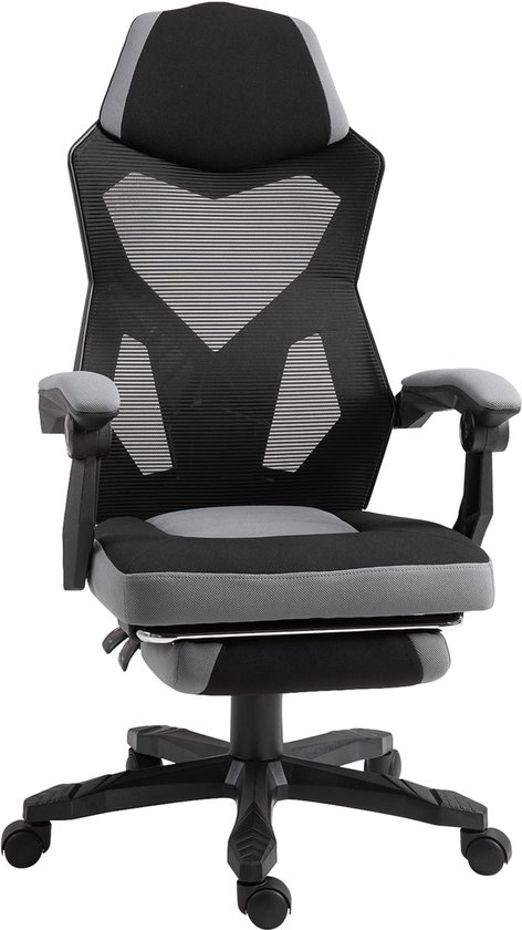 SnelShoppen - Hoogte Verstelbare Gamingstoel Bureaustoel met Rugleuning en Zwenkwielen, Voetsteun, Netstof, 58x63x112-122 cm, Grijs/Zwart voor Thuis e