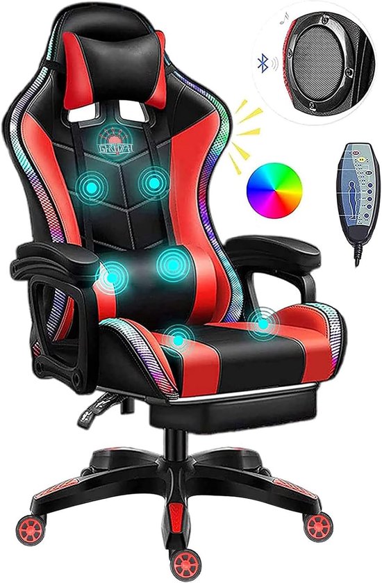 SnelShoppen - LED Gaming Stoel met Massage, Ergonomisch Pro Gaming Stoel met Bluetooth Speakers, Verstelbare Rugleuning en Uittrekbare Voetsteun - Roo