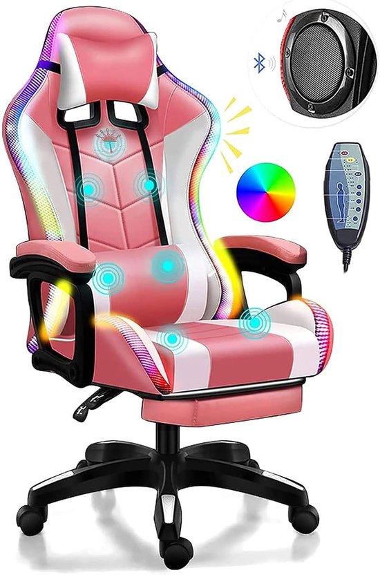 SnelShoppen - LED Gaming Stoel met Massagefunctie, Ergonomische Computerstoel met Bluetooth Speakers, Verstelbare Rugleuning en Uittrekbaar Voetensteu