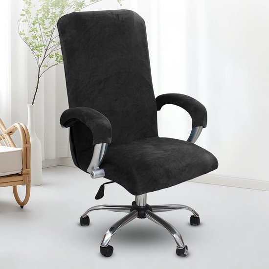 SnelShoppen - Office Chair Cover Velvet met Armsteunen - Stretch Swivel Gaming Chair Cover - Verwijderbaar en Wasbaar - Zwart L