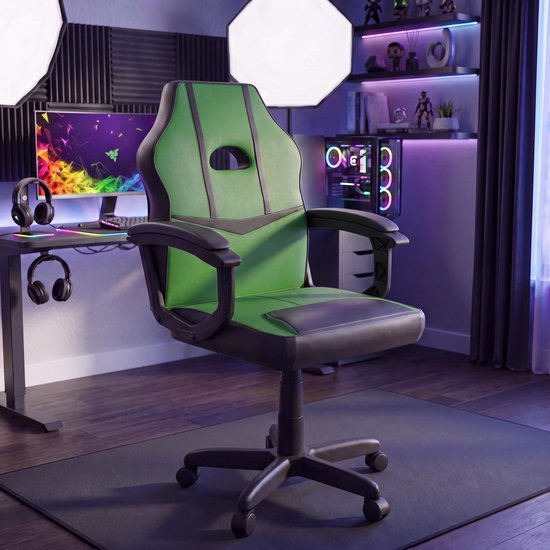 SnelShoppen - Racing Comet Gaming Computer Stoel Groen & Zwart, Verstelbare Swivel Recliner PU Faux-Leather, Ergonomisch Ontwerp Voor Thuis Kantoor en