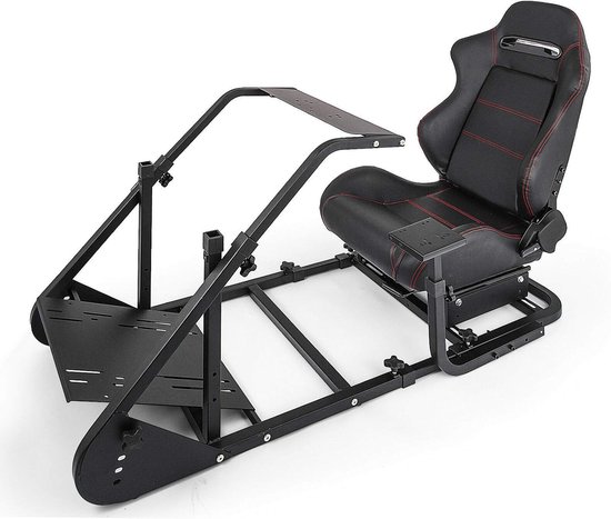 SnelShoppen - RS6 Racing Simulator Cockpit GTA-F met Triple of Single Monitor Stand, Zilveren Frame, Verstelbare Racestoel, Gaming Stoel, Rijd Simulat