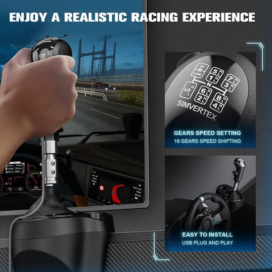 SnelShoppen - USB Versnellingspookknop voor Racestuur Simulatoren - 18 Speed Schakelaar voor Truck Simulator, Compatible met G29 G27 G25 G920 G923 TH8
