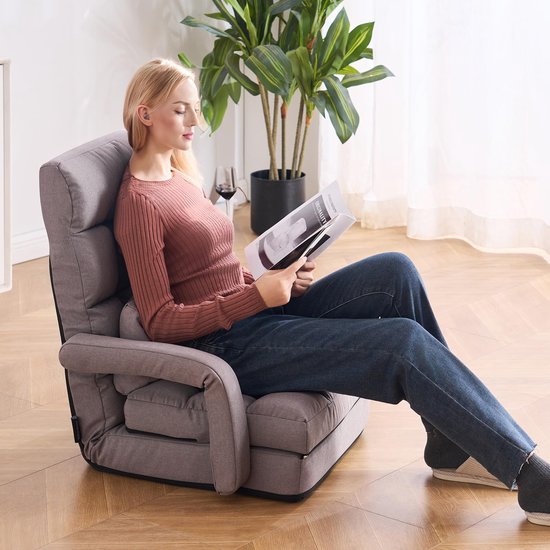 SnelShoppen - Vloerstoel Gamingstoel met 5 Verstelbare Posities, Opvouwbare Fauteuil met Armleuning voor Volwassenen, Sofa Ligbed met Rugkussen, Grijs