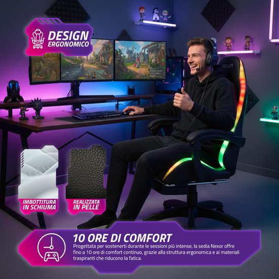 SnelShoppen - Wintem Gamingstoel met Uittrekbare Voetensteun, Dubbel Kussen, RGB-USB-Ledlampjes, Ergonomisch Ontwerp, Ideaal voor Gaming, Studio en Ka