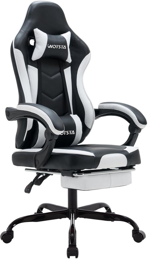 SnelShoppen - WOTSTA Gamingstoel Racing met Voetensteun, Ergonomische Bureaustoel met Lendenmassage, 135 Graden Kantelbaar, Belastbaar tot 120 kg, Com