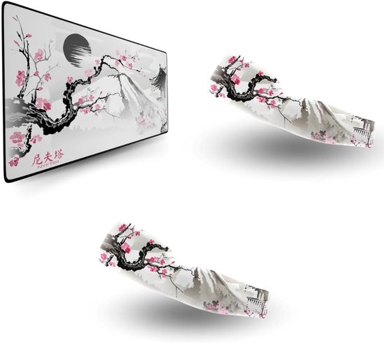 SnelShoppen - XXL Gaming Mouse Pad 900x500mm Sakura Wit met Hoge Kwaliteit Coating + 2x Gaming Arm Sleeves - Perfect Glide voor Gamers - Ultimate Bund