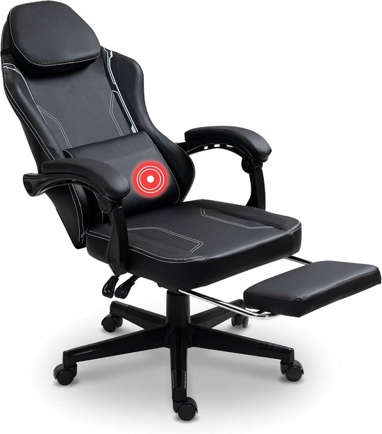 SnelShoppen - Zwarte gaming stoel met voetensteun - Ergonomisch - Verstelbare hoogte - Gaming, Thuiswerken, Comfortabel, Voor volwassenen en kinderen