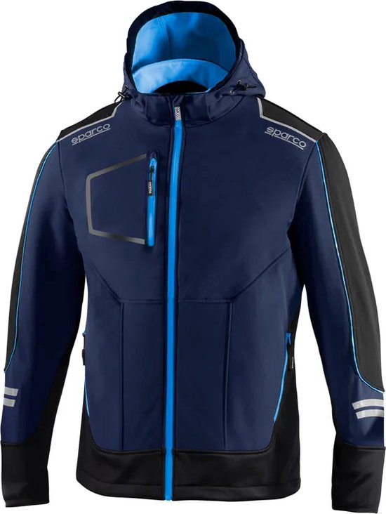 Sparco Tech Softshell - Waterdichte, reflecterende en versterkte jas met polar fleece voering - Maat S - Blauw/Lichtblauw van Sparco