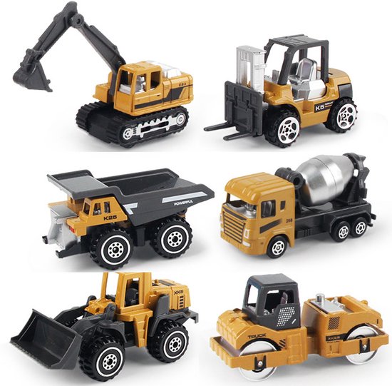 Speelgoedauto's - Bouwplaatsvoertuigen - Metalen plastic graafmachine voor kinderen vanaf 3 jaar - Set van 6 stuks - Speelgoed voor Halloween, Kerstmis, Verjaardag - Geel van Merkloos