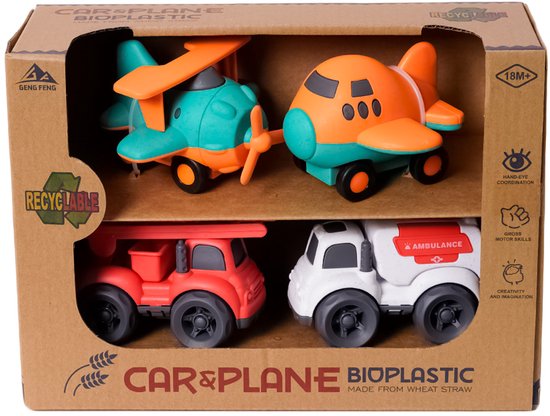 Speelgoedtopdeals - BIOplastic Auto en Vliegset 4-delig 4 - 10,5 cm - Duurzaam speelgoed van Merkloos