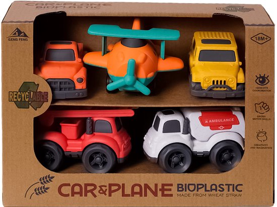 Speelgoedtopdeals - BIOplastic Auto en Vliegset 5-delig 2 - 10,5 cm - Duurzaam speelgoed van Merkloos