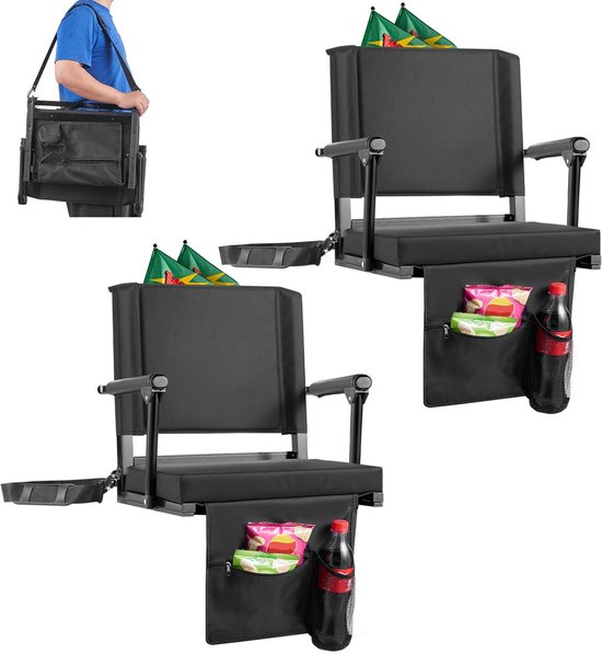 Stadionstoel - Draagbare Tribunestoel - Rugleuning en Armleuningen - Schouderband - Bekerhouder - Bevestigingshaak - Breedte 47,5 cm - Set van 2 - Zwart