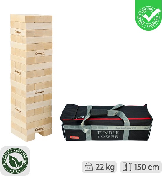 Stapeltoren spel - Tactisch spel - 28 Kg - tot 150 cm hoog - ECO Harthout Topkwaliteit - Made in India - Designed in England - In Stevige Draagtas ®Designed in UK - Prachtig afgewerkt - Kwaliteit & Klasse - Profi van Profi
