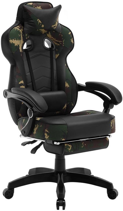 SureDeal® - Gamestoel - Hoofdsteun - Lendenkussen - Voetsteun kunstleer legercamouflage - Zwart