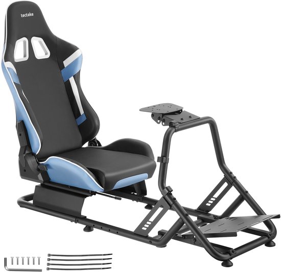 tectake® Racestoel Play - Gamingstoel - Race Cockpit - Verstelbaar - Compatibel met Logitech, Fenatec en Thrustmaster Race Stuur - Sim Racing - Zwart/Azuur van Merkloos