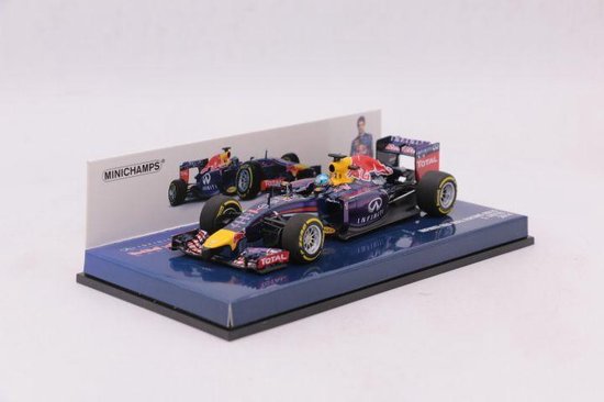 The 1:43 Diecast model of the Infiniti Red Bull Racing RB10 #1 of the Australian GP in 2014. The driver is Sebastien Vettel. The manufacturer of the scalemodel is Minichamps. van Minichamps
