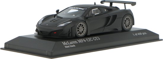The 1:43 Diecast Modelcar of the McLaren MP4-12C GT3 in Matt Black. This scalemodel is limited by 400pcs.The manufacturer is Minichamps. van Minichamps