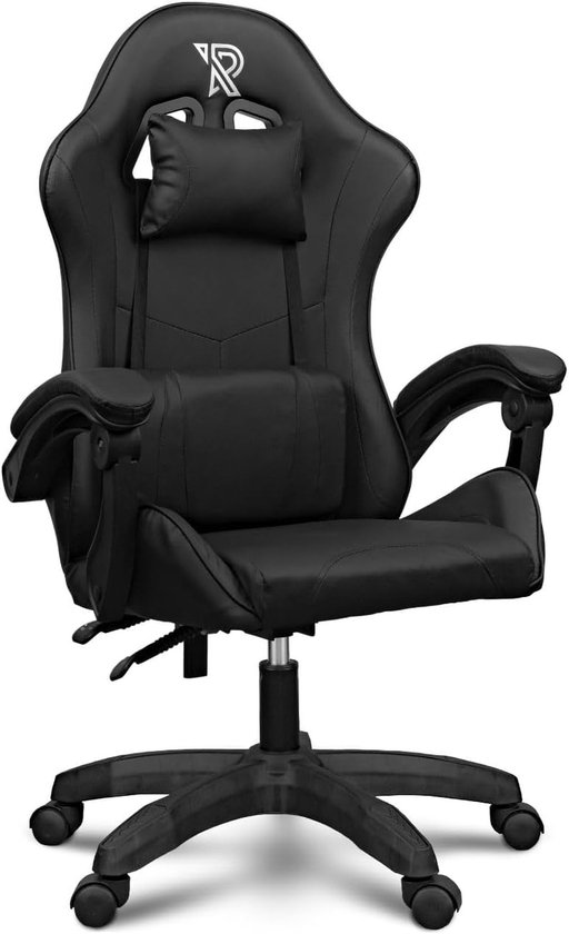 Thijox - Gamestoel Gaming Chair PC Stoel met 1D Armleuning, Verstelbare Rugleuning 90°-135°, Inclusief Rug- en Nekkussen, Zwart