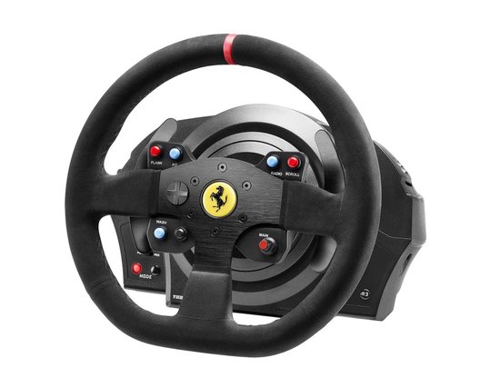 Thrustmaster T300 Ferrari Integral Racestuur Alcantara Edition - voor PS5 / PS4 / PC - met 3 pedalen (T3PA pedaalset) - Grote afmetingen diameter van 30 cm - H.E.A.R.T technologie - Replica op schaal 8:10 van het stuur van de 599XX EVO van Ferrari van Thrustmaster