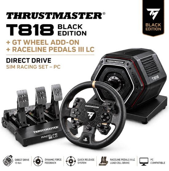 Thrustmaster T818 Black Edition + GT Wheel Add-On + Raceline Pedals III LC – Direct Drive Sim Racing Set - PC van Thrustm
