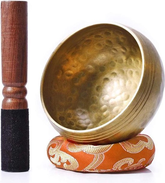 Tibetaanse Klankschaal Set | Meditatie Schaal met Aanstrijkhout & Kussen | Singing Bowl | Klank Schaal | Yoga, Chakra | Oranje - 8 cm van Ohm Store