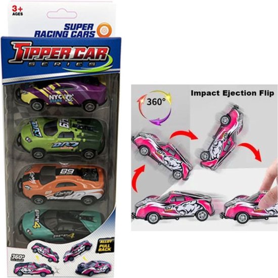 Tipper stunt auto’s 4 stuks - Flipper auto – Pull back - Springende auto – Race auto - 360º Flip - Speelgoed auto - Auto Speelgoed Jongens – Stoer – Racen van Toi-Toys.