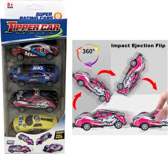 Tipper stunt auto’s 4 stuks - Flipper auto – Pull back - Stunt auto - Flip - Springende auto – Race auto - 360º Flip - Speelgoed auto - Auto Speelgoed Jongens – Stoer – Racen van Kinderplay