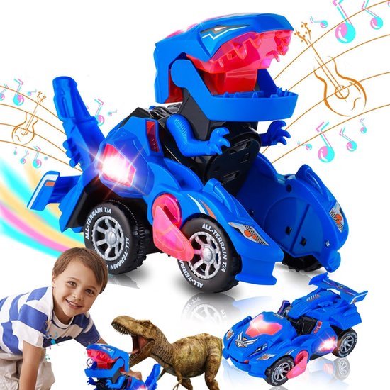 Transformerende auto met led-licht en muziek - Dinosaurus speelgoed - Cadeaus - Speelgoed voor jongens van 3-6 jaar - Blauw van Merkloos