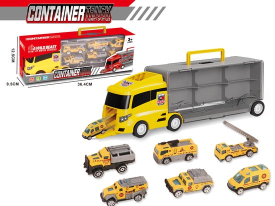 Transporter Vrachtwagen set - werkvoertuigen - 6-delig koffer set - Container Truck - 36.4 cm van Merkloos