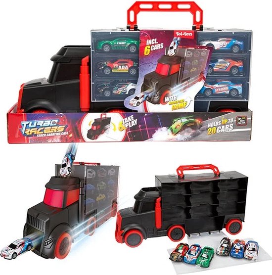 TURBO RACERS Vrachtwagen met afschietfunctie inlc. 6st raceauto's -pullback auto's - opbergkoffer - launch function - cars van Toi-Toys.