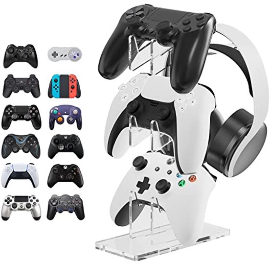 Universele 3-laags Controller- en Headsetstandaard voor Gaming-accessoires – Compatibel met PS5, PS4, Switch Pro, Xbox – Kristalhelder Design (Wit) van OIVO