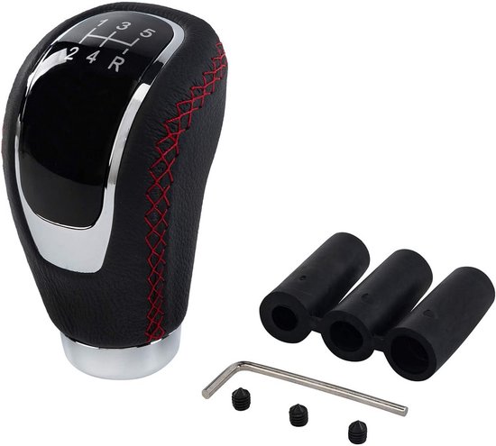 Universele versnellingspookknop met 3 adapters 8 mm, 10 mm, 12 mm voor handgeschakelde auto's, aluminiumlegering en leer (zwart en rood) van universele