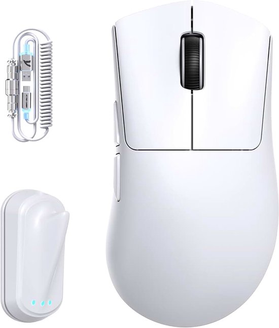 V8 Draadloze Gaming Muis met LED Spiraalkabel, Nordic 54L15 Chip, PAW3950MAX, 42000DPI, Dual 8000Hz, 59g Ultralicht voor Grote Handen, Haaienvinnen-Dongle Design, 2.4Ghz/BT/Bedraad, Wit