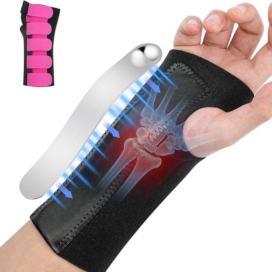 Verband, Polsbrace, met Metalen Spalken, Polsspalk voor Carpaal Tunnel Syndroom, Verstelbare Klittenbandsluiting voor Sport en Fitness, voor Dames en Heren (Rechts, M, Rosérood)