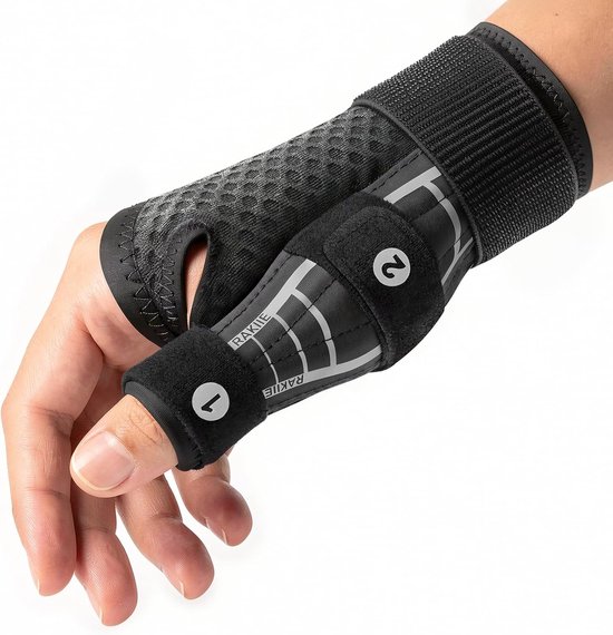 Verstelbare polsbandage, carpaal tunnelondersteuning met 2 duimhouders, ademende polsbandage voor mannen en vrouwen, geschikt voor rechter- of linkerhand, grijs, S/M