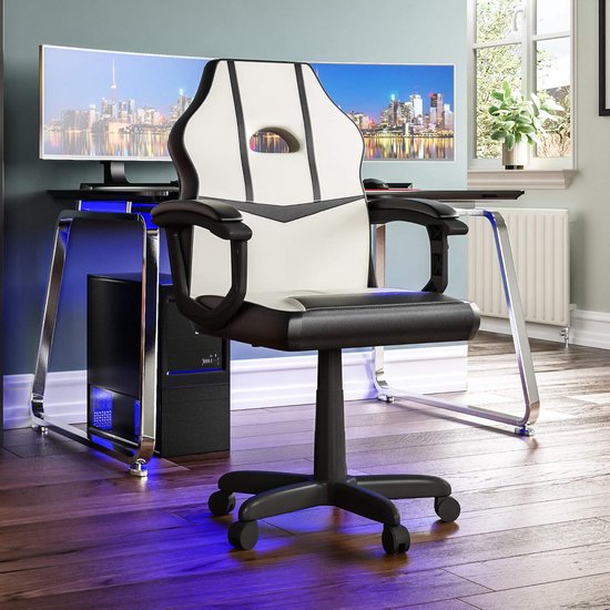 Verstelbare Racing Gaming Stoel in Wit en Zwart Kunstleer voor Kantoor en Thuis