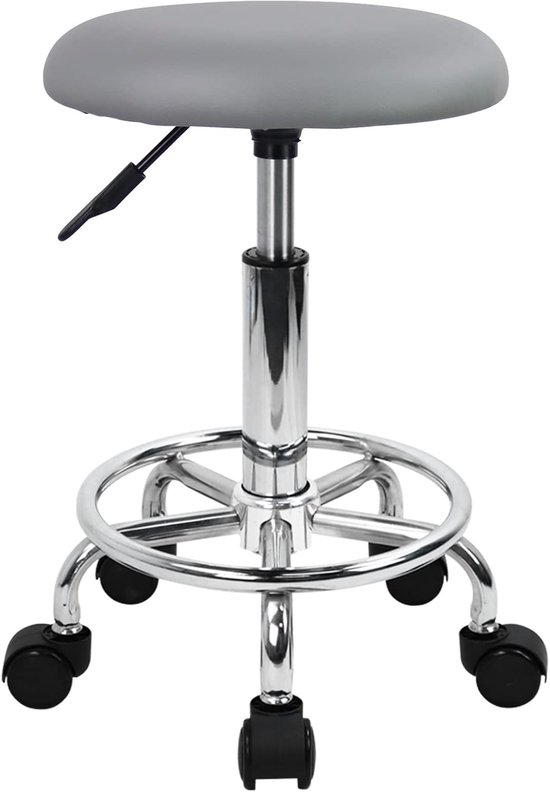 Verstelbare Swivel Roller Stool met PU Leren Kussen voor Salon, Massage en Kantoor - Compact en Comfortabel (Grijs)