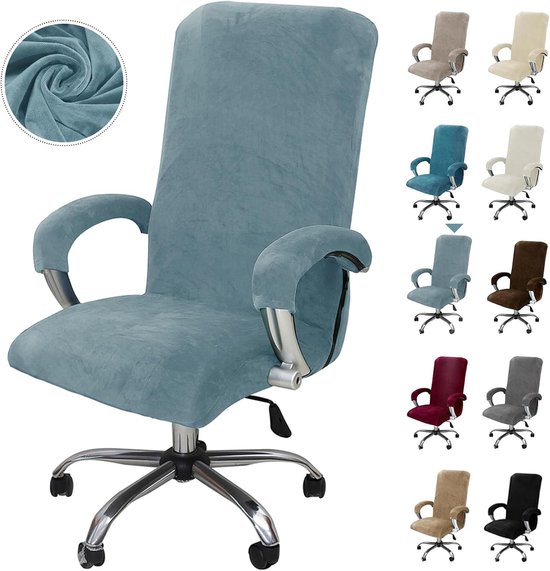 Verstelbare Velours Bureauhoes met Armsteun voor Gaming Stoel - Verwijderbare Elastische Stoelhoes voor Kantoor- en Computerstoelen in Grijs en Blauw XL