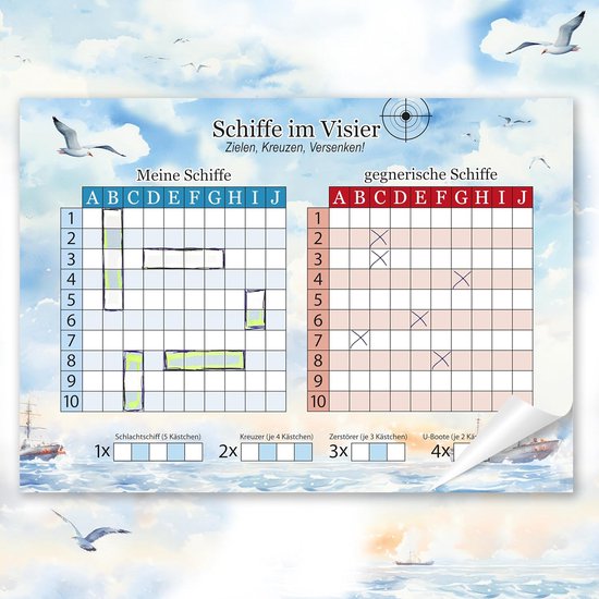 Verzonken schip spel - A4-blok met 50 vellen: het klassieke spel in fris design - extra groot lettertype voor senioren - spel 2 personen (blok 50 vellen)