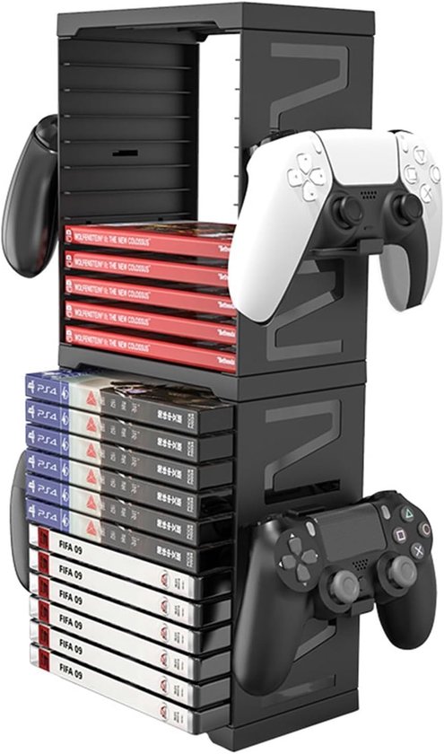 Video Game Opberg Tower voor DVD en Blu-Ray - Universele Gamehouder voor PS5, PS4, Xbox en Nintendo Switch - Opslag voor 24 Games met 4 Controllerhouders, Zwart