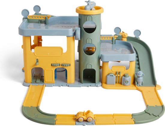 Viking Toys RE:LINE - Grote Speelgoedgarage - 7-Delige Set Bestaande Uit 1 Garage Met Twee Verdiepingen En Een Trap, Een Wegenset, 2 Voertuigen, 1 Helikopter En 3 Speelfiguren - Gemaakt Van 100% Gerecycled Plastic - Geschikt Vanaf 1 Jaar van Viking Toys